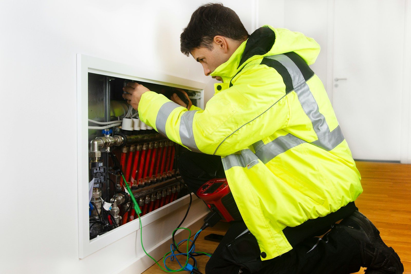 A man in a yellow jacket working on a computer