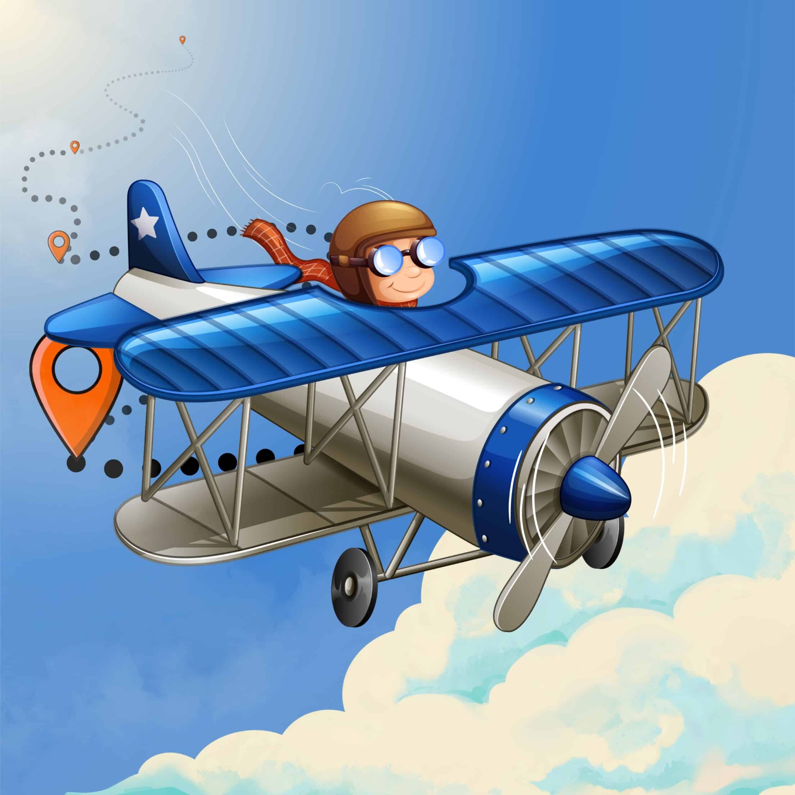 Cartoon pilot with goggles in a blue biplane, flying above clouds and leaving a dotted map trail.