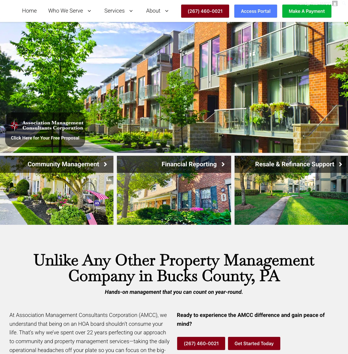 Association Management Consultants Corporation Website Example - Modern brick apartment complex with glass balconies, lush trees, and a sunny blue sky.