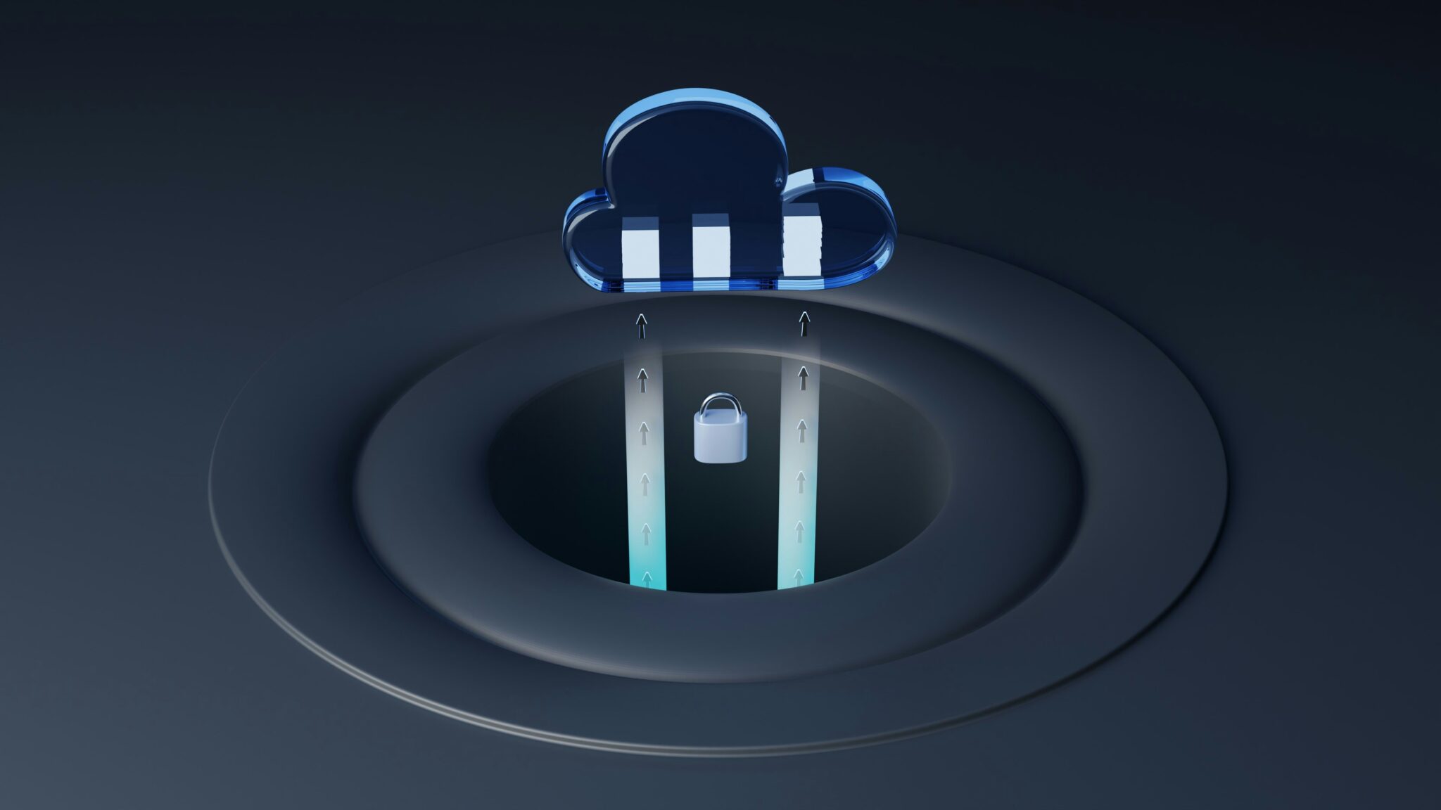 Blue cloud icon above glowing vertical pillars with upward arrows and a padlock, illustrating secure cloud storage.
