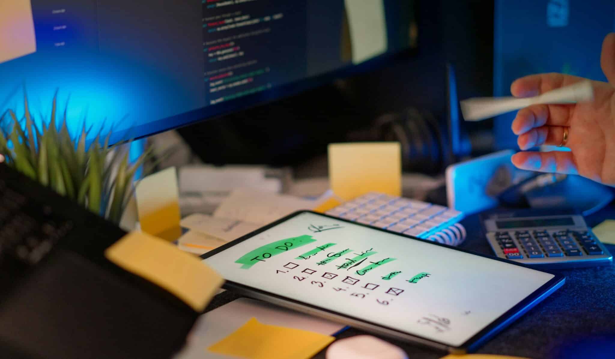 Cluttered desk with tablet showing a green checked to-do list, sticky notes, a calculator, and a hand holding a white card.