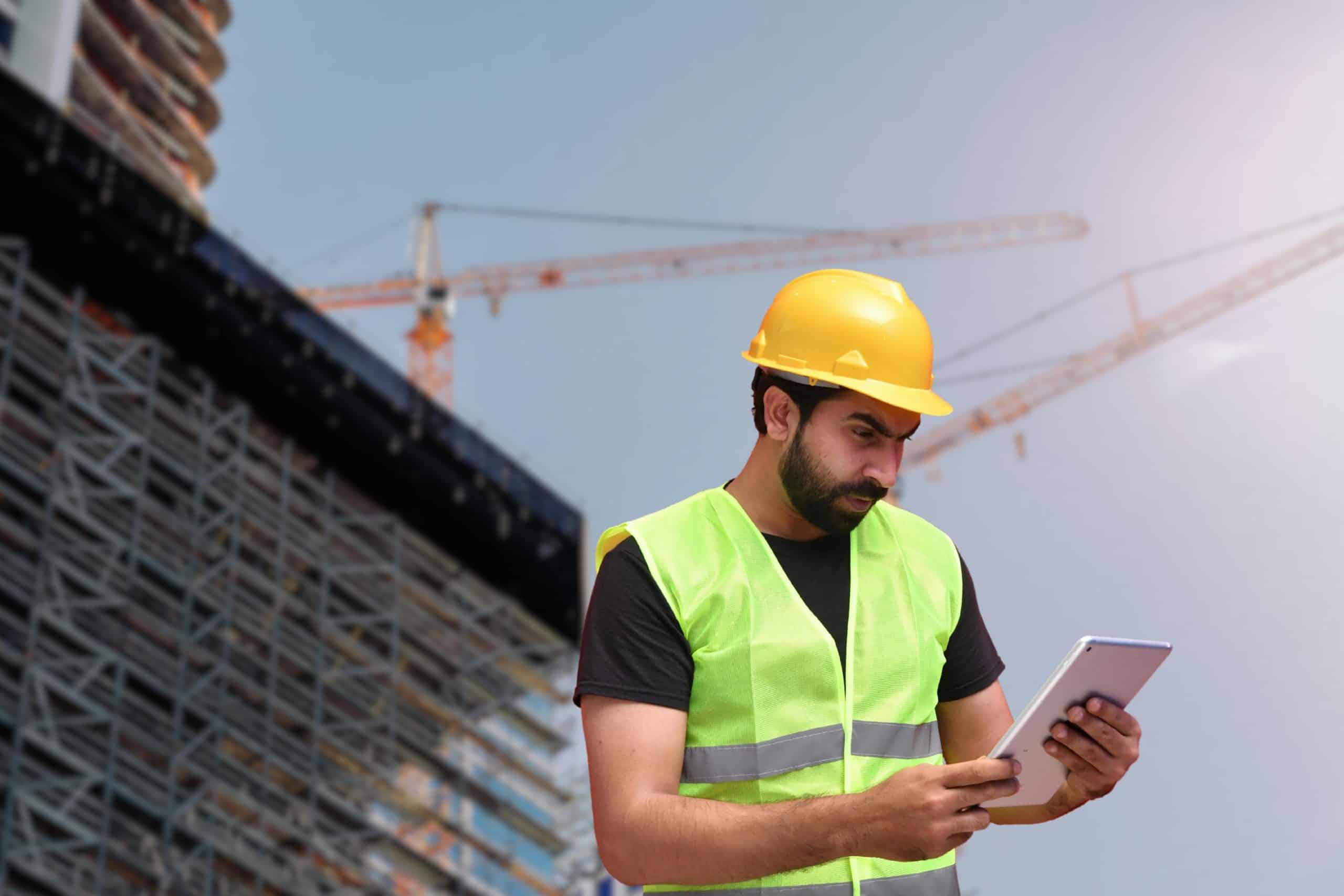 Construction worker in a neon safety vest and yellow hard hat examines a tablet at a construction site with scaffolding.