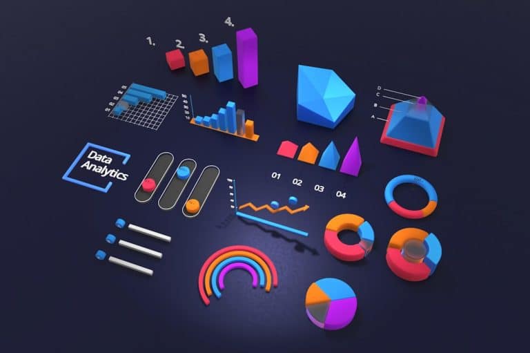 Colorful 3D data visualization elements including graphs, charts, and geometric shapes, by Deng Xiang on Unsplash.